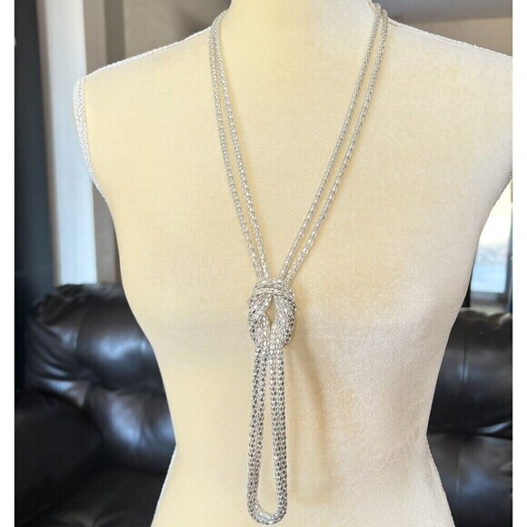 Shiny Silver Tone Long‎ Double Strand Knotted Snake Chain Necklace 39 in - Picture 1 of 12